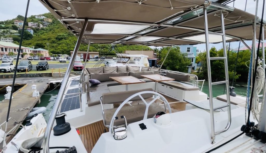 Aerial view of the Bali 5.4 catamaran Galaxsea under way