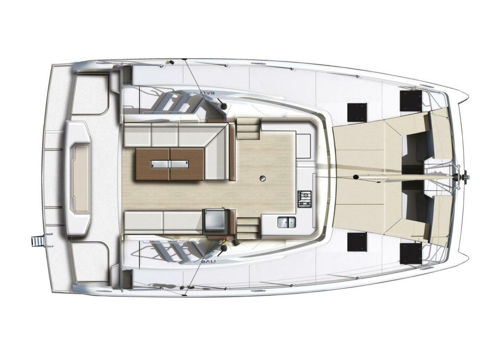 Bali 40 Catspace catamaran under way, showing the solid foredeck lounge and fine bows