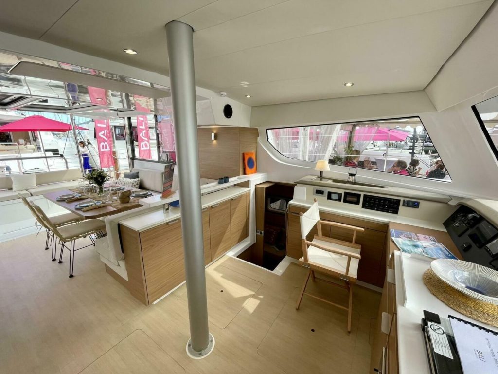 Owner's cabin aboard the Bali 40 Catspace with queen berth and storage