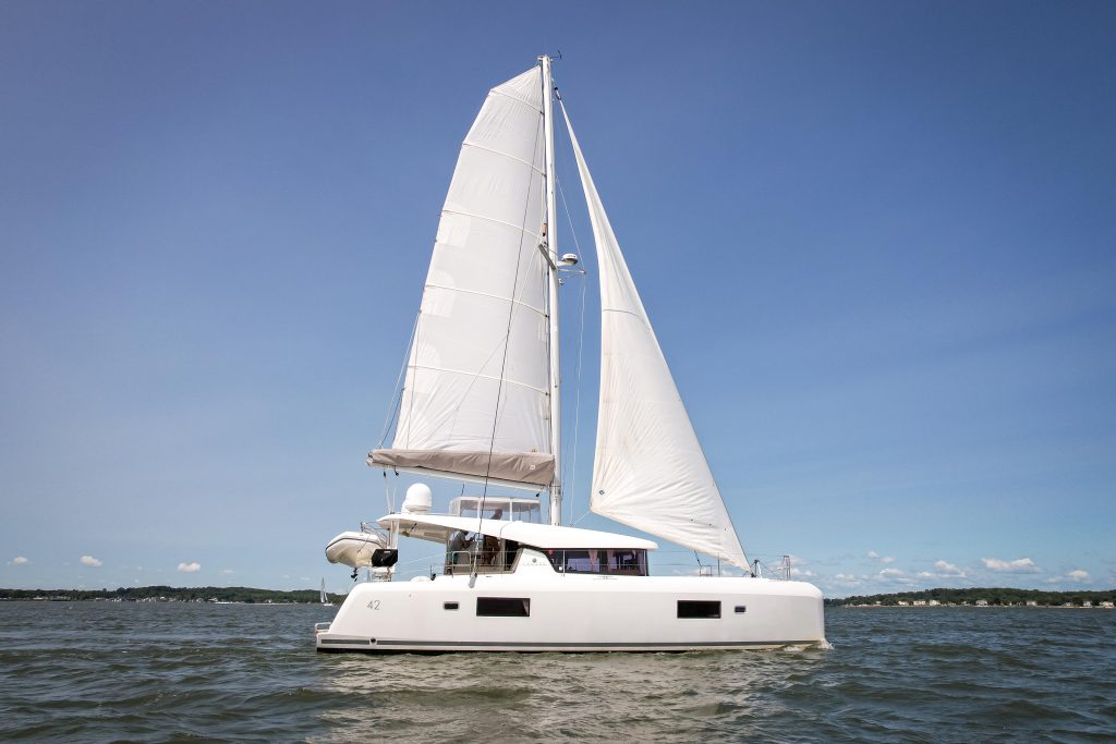 Bright salon and galley aboard the Lagoon 42 Owner Version