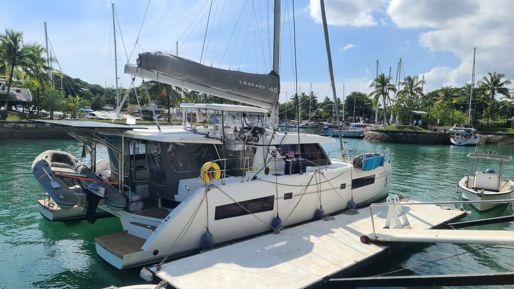 Interior view aboard the 2018 Leopard 45 catamaran showing saloon and panoramic windows