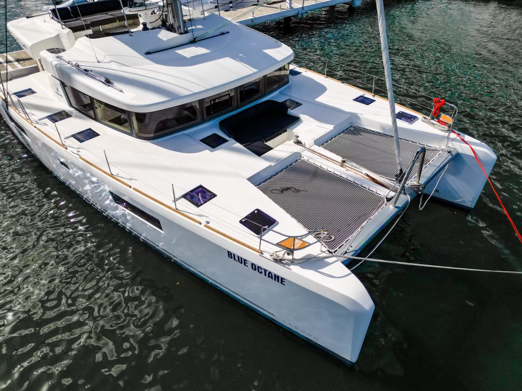 2019 Lagoon 52F catamaran S/V Blue Octane at anchor in the Virgin Islands