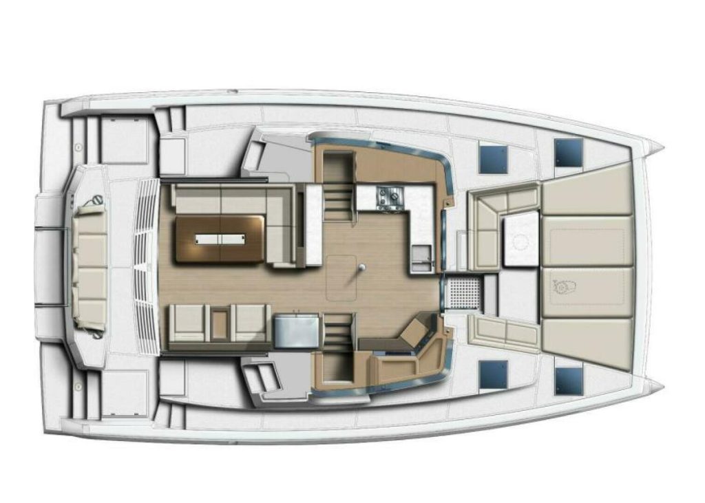 Interior saloon and galley of the Bali 4.4 catamaran