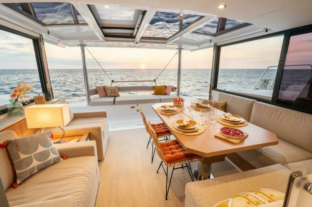 Interior of the Bali 4.4 showing the saloon and galley connected to the aft cockpit