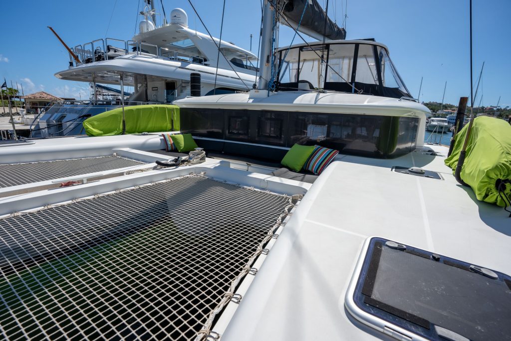 Interior salon and galley of the Lagoon 450F Alegria with panoramic windows
