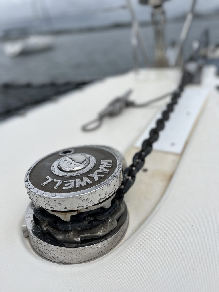 Upgraded Maxwell windlass and 55-lb anchor on the bow of the Lagoon 420 S/V GO