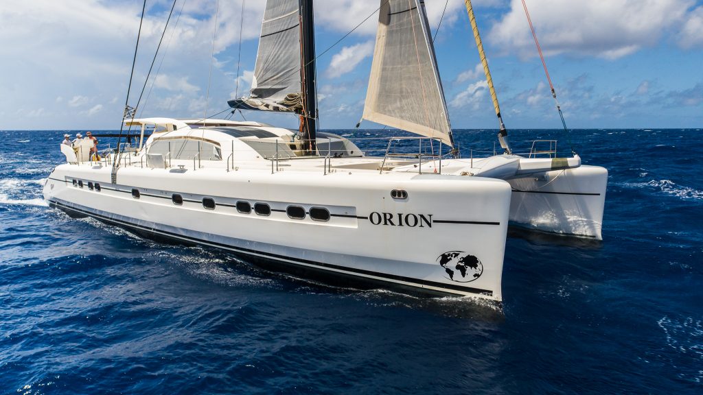 Aerial view of the Catana 90 S/V Orion underway