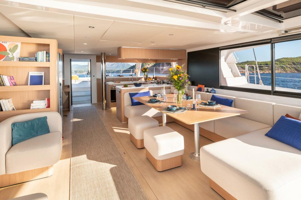 Interior detail aboard the 2026 Bali 5.8 sailing catamaran