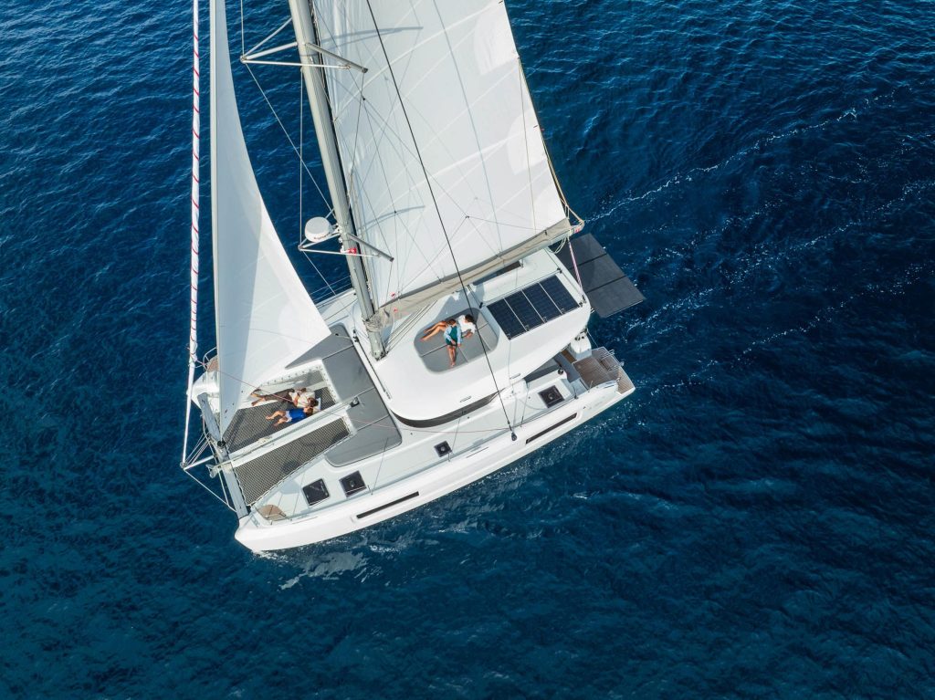 The all-new Lagoon 38 cruising catamaran on display at its unveiling in Bordeaux, France