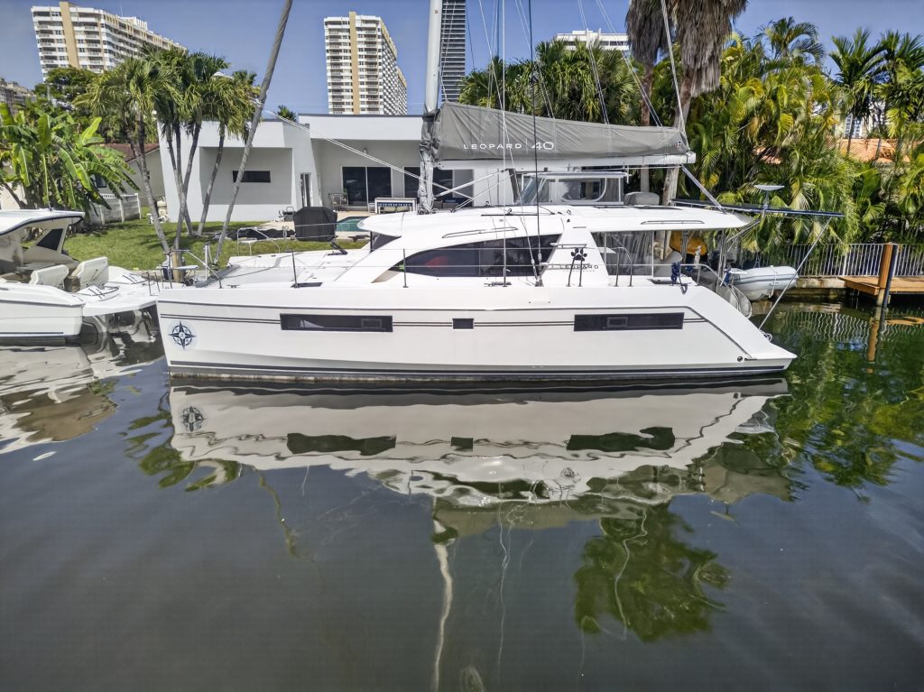 Leopard 40 Owner's Version catamaran exterior on the water