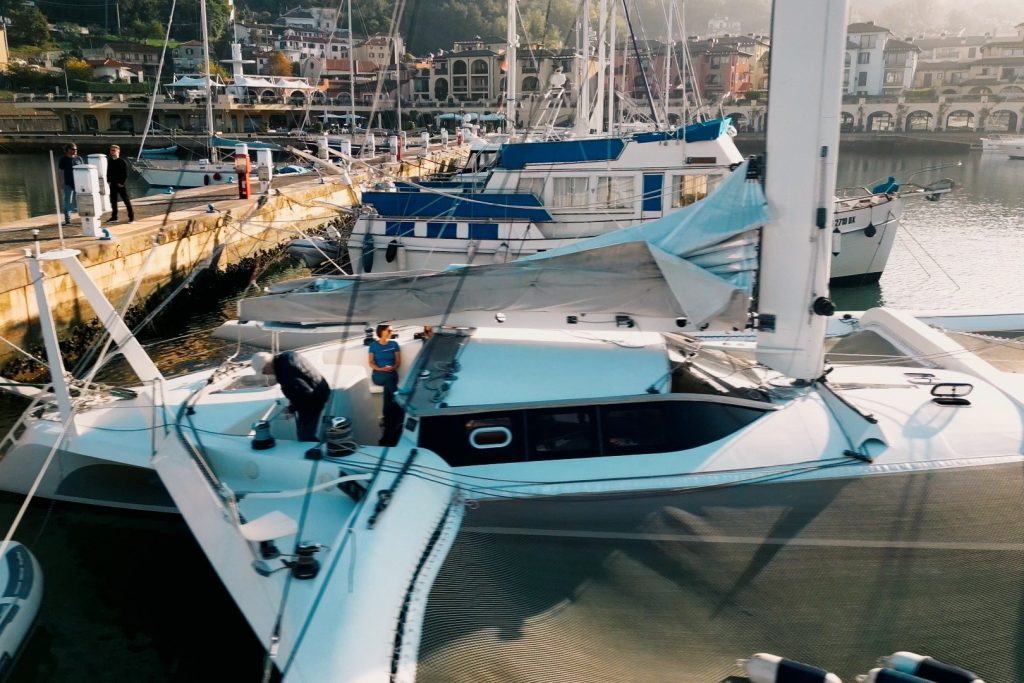 Interior accommodation aboard the custom Shuttleworth 58 multihull La Gioia