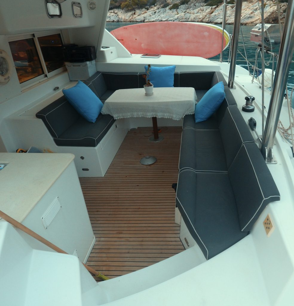 Composite honeycomb joinery finished in teak veneer aboard the Lagoon 440 S/V Spartan