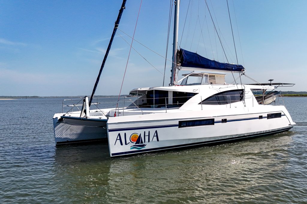 Aerial drone view of the 2013 Leopard 48 catamaran S/V Aloha underway