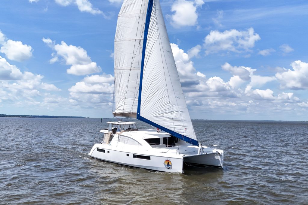 Leopard 48 catamaran S/V La Vida Shred seen from above showing solar arch and cockpit