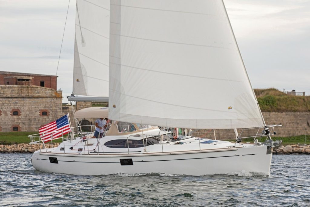 Hylas H48 sailing yacht under way with mainsail and headsail set