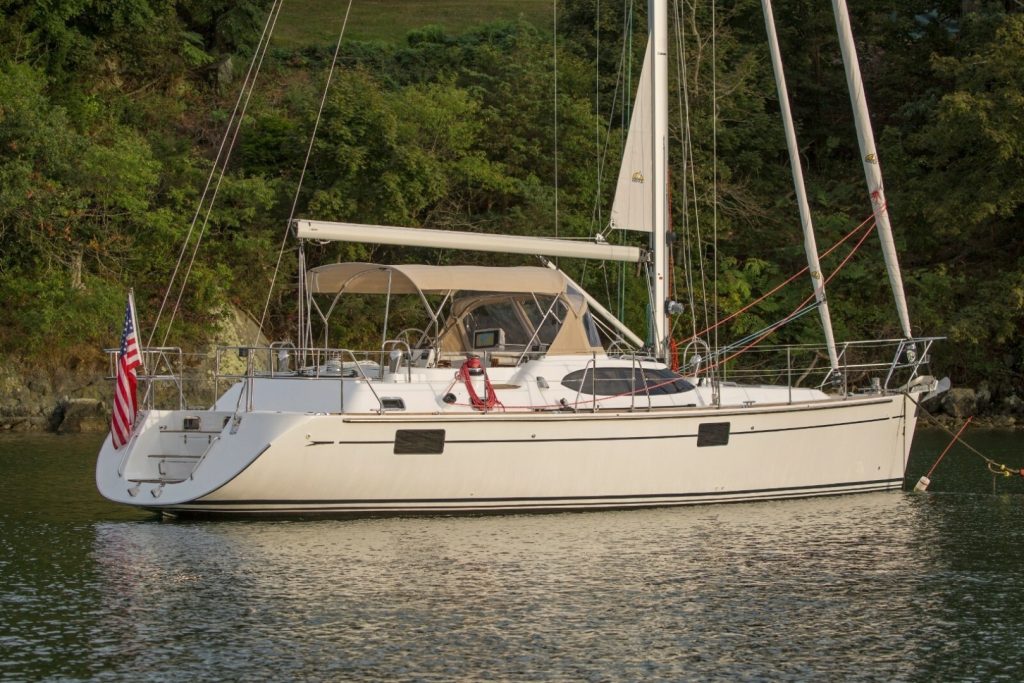 Hylas H48 cockpit and helm station with sail controls within reach